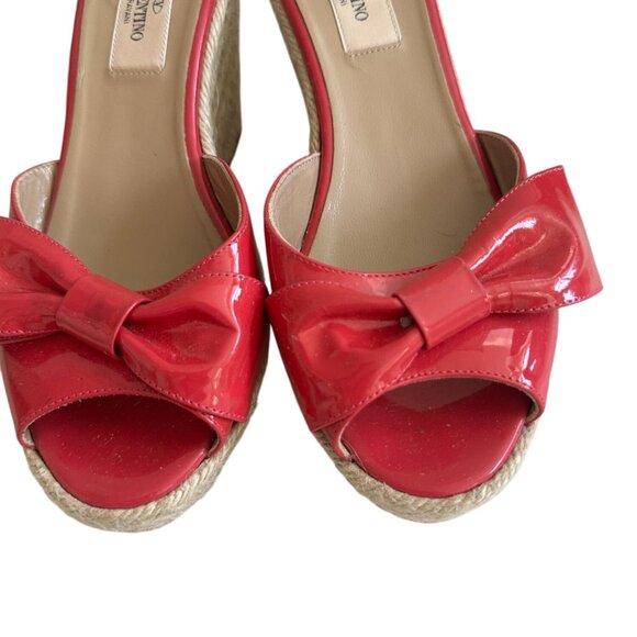VALENTINO Pink Bow Patent Leather Espadrille Wedges Sandals Size 37.5 - Picture 7 of 10